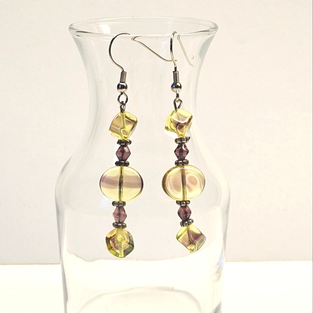Green and Purple Glass Beaded Earrings